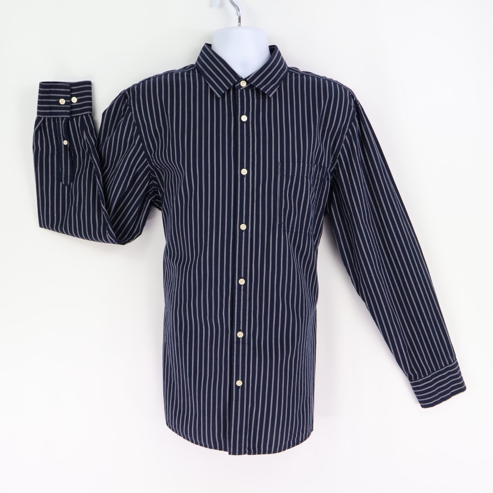 Sonoma Life+Style Dress Shirt Mens L Dark Blue Striped 100% Cotton Casual Poplin